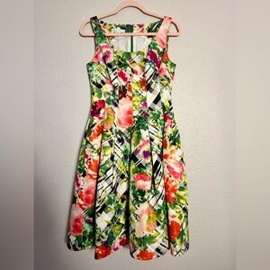 OSCAR DE LA RENTA Green floral Taffeta Scoop Neck Dress